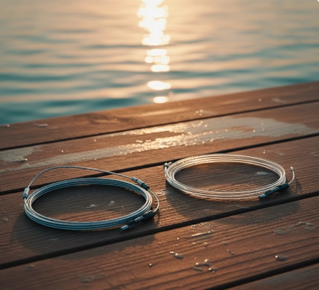 titanium and fluorocarbon pike fishing leaders displayed on a wooden dock at sunset with warm water reflections