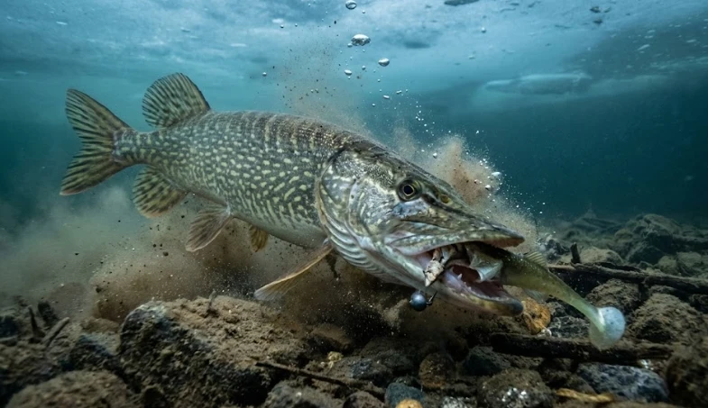 winter pike behavior — reaction strike in cold water