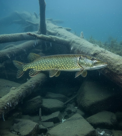winter pike behavior — inactive pike holding near structure in cold water