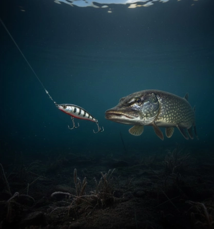 winter pike behavior — pike observing lure in cold clear water