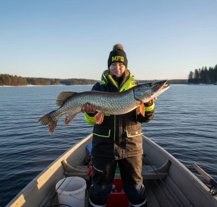 January pike fishing trophy moment — massive winter pike landed on calm water