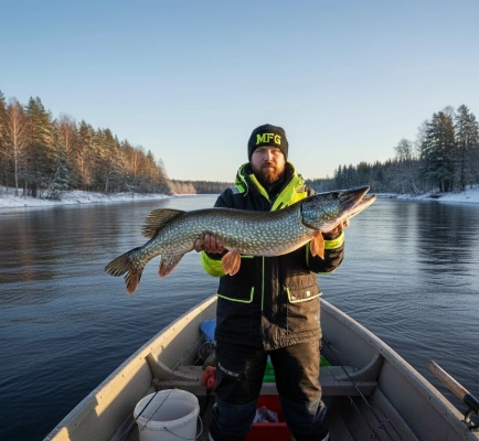 January pike fishing success — holding a heavy trophy pike after winter strike