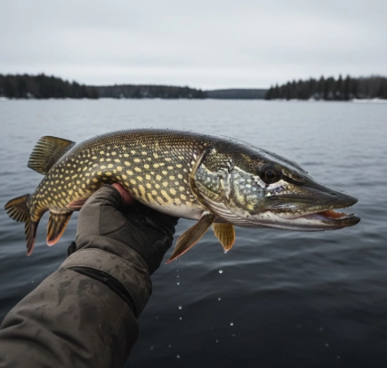 January pike fishing subtle bite — light tap ends with a real winter pike landed