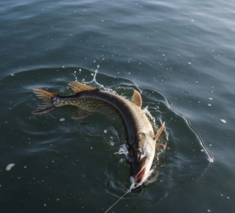 best pike lures for winter — big pike hooked on the surface when nothing else works