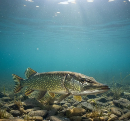 winter pike holding near bottom depth while watching deadbait