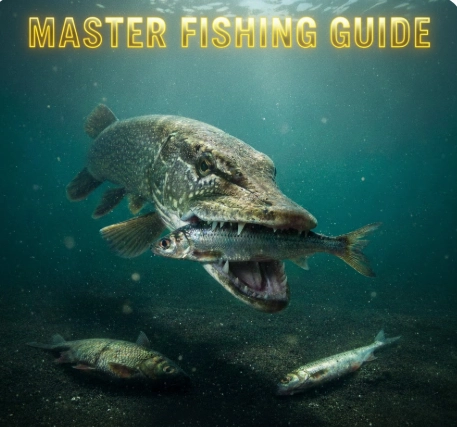 Winter pike carrying a deadbait underwater in cold-water conditions, with smelt, roach, and herring visible on the bottom