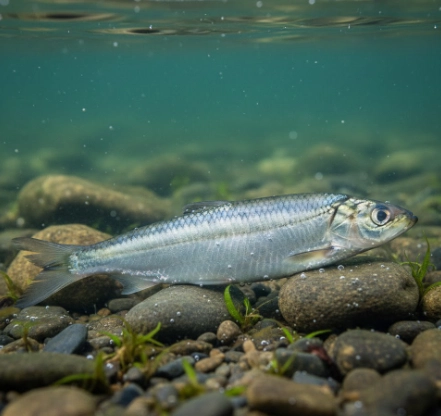 Silver-blue sardine deadbait in clear water