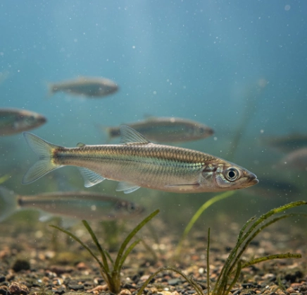 European smelt deadbait fish with a slender silver body swimming in clear cold water