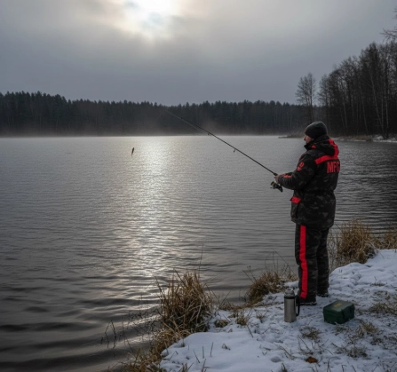 February pike fishing for big winter pike on cold lake shore — real cold-water tactics