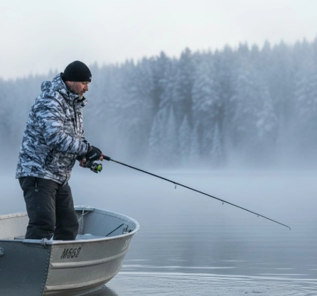 Stop rod guide freezing fast — winter angler lowering casting angle and controlling line to prevent ice build-up on rod guides