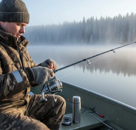Wrong fishing line causing rod guide freezing — winter angler adjusting reel and line setup to reduce ice on rod guides