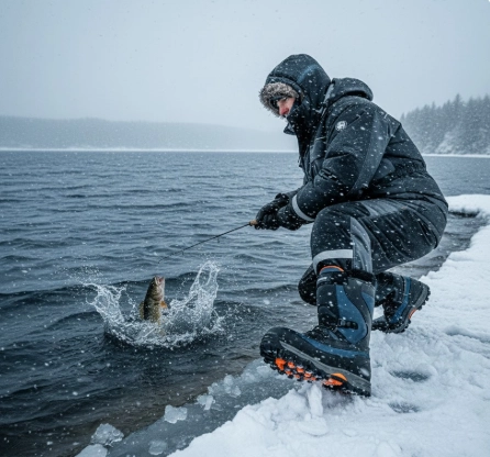 Best winter fishing boots 2026 in action — waterproof insulated boots keeping feet warm while landing fish in snow and ice