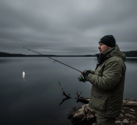 Winter pike fishing moment where barometric pressure shuts down activity despite perfect conditions
