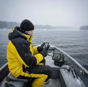Winter pike fishing decision moment — angler checking barometric pressure before the bite window