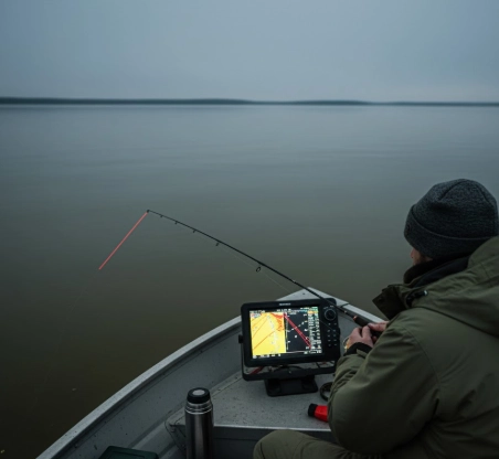 Murky winter water boat angler using fish finder to guide every retrieve, showing how pike water clarity alters winter pike fishing strategy