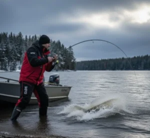 February pike fishing in harsh winter conditions — angler fighting a giant northern pike from shore as cold water explodes during the hardest month of winter