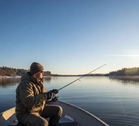 February pike fishing tactics — slow lure retrieve from boat on sunny winter day