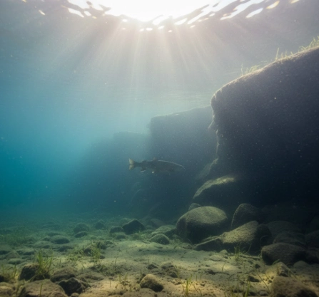 Underwater winter drop-off showing depth zones and structure, illustrating how pike water clarity influences winter pike depths and positioning