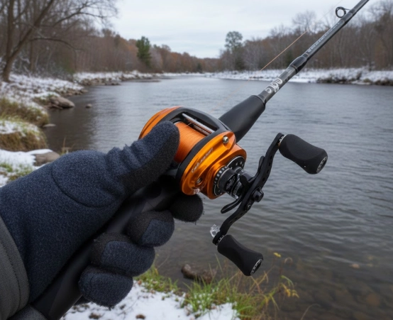 Winter pike fishing gear – reel control and cold weather precision from shore or boat