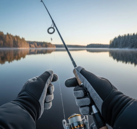 Warm winter fishing gloves improving control and reducing rod guide freezing while fishing in extreme cold conditions