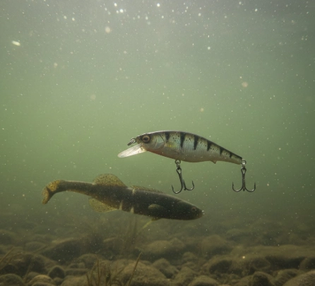 Jerkbait lure in murky winter water, showing how pike water clarity affects lure visibility and winter pike reaction strategy
