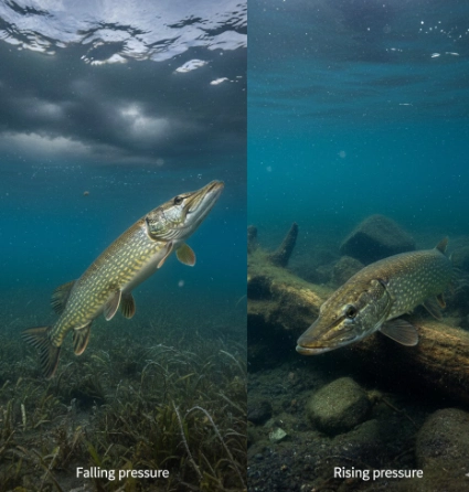 How changing barometric pressure trends affect winter pike behavior and feeding activity