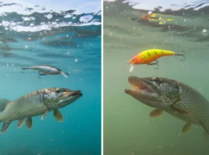 Pike water clarity in winter — clear vs murky water showing how lure visibility and pike strike behavior change near the bottom