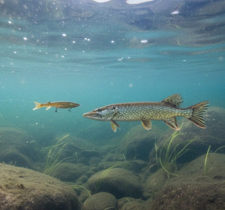 Northern pike evaluating a lure in clear winter water, showing how pike water clarity changes strike behavior