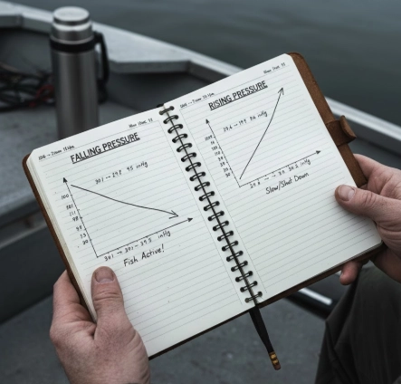 Visual representation of barometric pressure changes affecting winter pike behavior