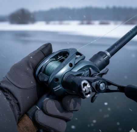 Shimano Curado 150M baitcasting reel used for winter pike fishing in freezing conditions