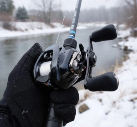 Shimano Metanium DC A baitcasting reel used for winter pike fishing in freezing conditions