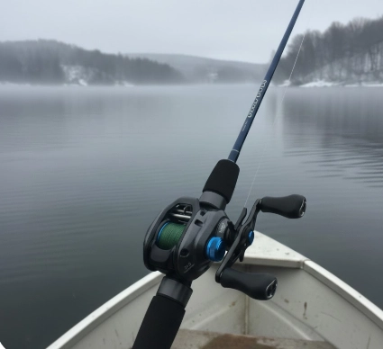 Winter baitcasting reel in hand by an open-water lake, real cold-weather pike fishing