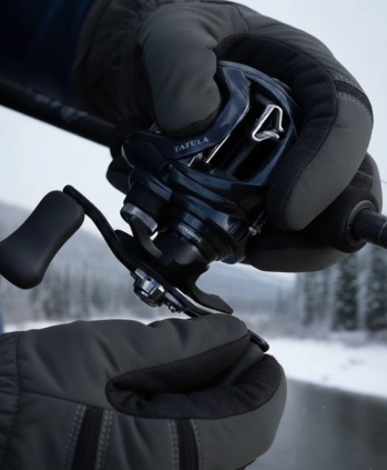 Daiwa Tatula Tx 100 baitcasting reel used for winter pike fishing in freezing conditions