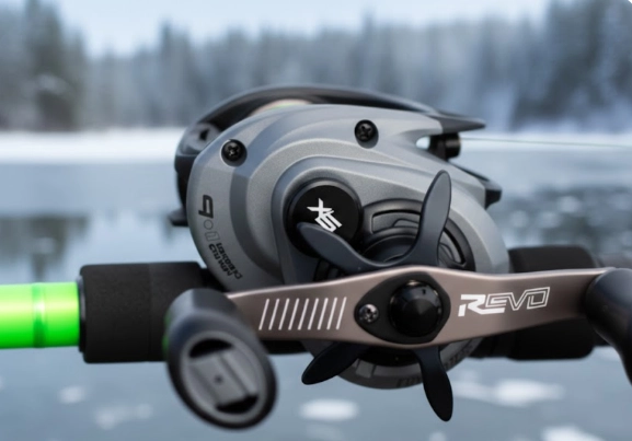 Abu Garcia Revo SX-L low profile baitcasting reel used for winter pike fishing in cold conditions