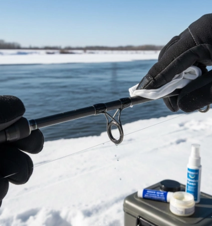 Prevent rod guide freezing — coating fishing rod guides with wax and line spray before winter casting