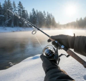 How to stop rod guides freezing in winter — spinning rod and frozen line in extreme cold pike fishing conditions