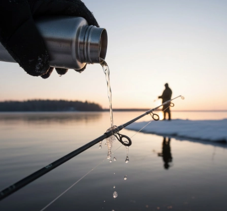 Rod guide freezing fix — pouring warm water on icy rod guides to instantly clear frozen line in winter pike fishing