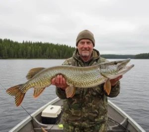 Spring pike locations – trophy pre spawn northern pike caught in warm shallow bay during migration routes