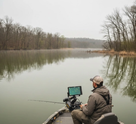 Angler on a boat observing spring pike behavior with forward facing sonar in calm early season water