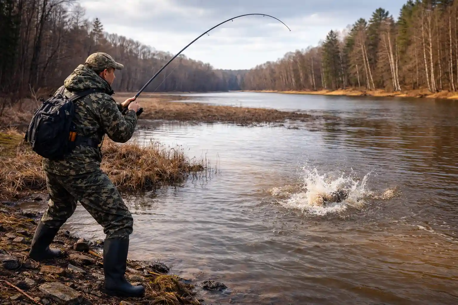 Pike fishing in muddy spring water – angler casting along wind-driven mud line seam during prime pre-spawn feeding window