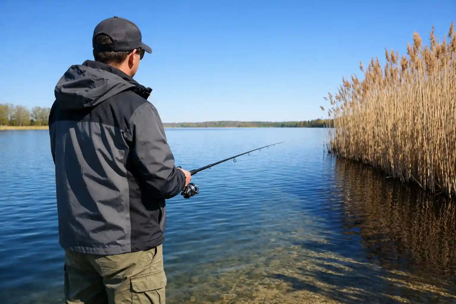 Angler positioned along shaded reed edge under clear blue high-pressure sky, calm post-front water with light ripple and strong shadow line along structure