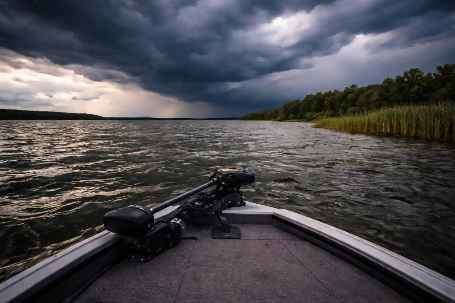 Spring pike fishing before a cold front – view from boat deck under dark pre-storm clouds with wind pushing shallow water toward reed-lined shoreline