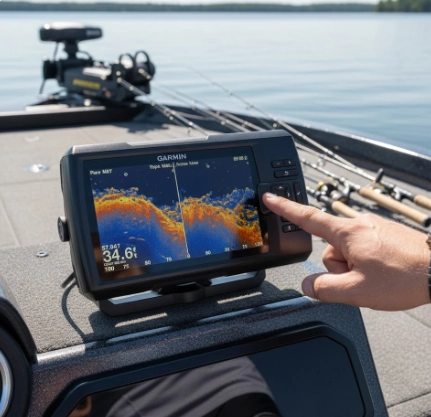 Garmin Striker Vivid 7sv fish finder showing SideVü and CHIRP sonar scanning structure