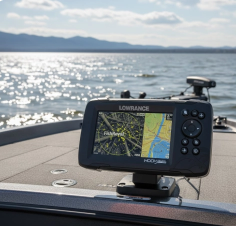 Lowrance HOOK Reveal 5 SplitShot fish finder displaying CHIRP sonar and DownScan Imaging