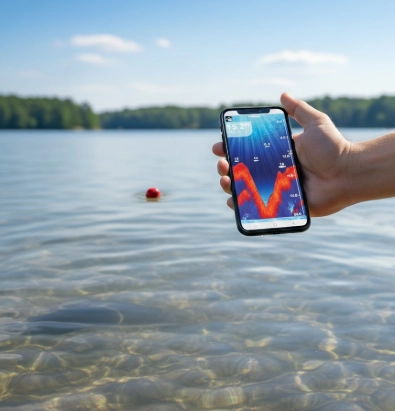 HawkEye FishPod 5X Bluetooth fish finder connected to smartphone displaying portable sonar