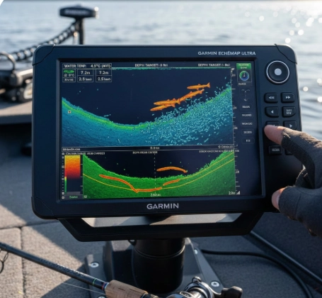 Spring pike depths revealed on Garmin sonar at 4.9°C – the exact pre-spawn depth band most anglers miss