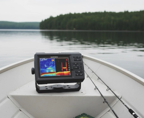 Garmin Striker Vivid 5cv fish finder displaying CHIRP sonar detail on boat