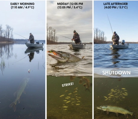 Best Time to Catch Pike in Spring – morning vs midday vs late afternoon strike comparison showing temperature progression and feeding window shift