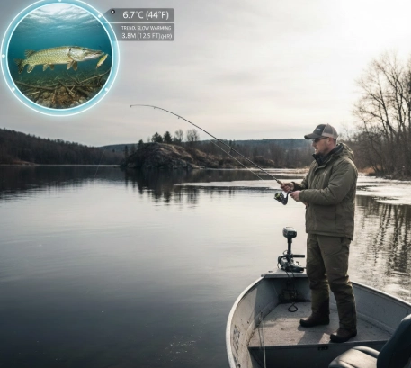 How Water Temperature Controls the Best Time to Catch Pike in Spring – 6.7°C cold water reading and pre-spawn pike positioning on depth transition