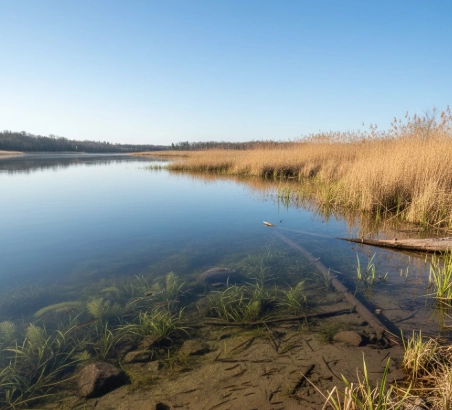 spring pike locations warm shallow bay with reeds and clear water where pre spawn pike stage and feed